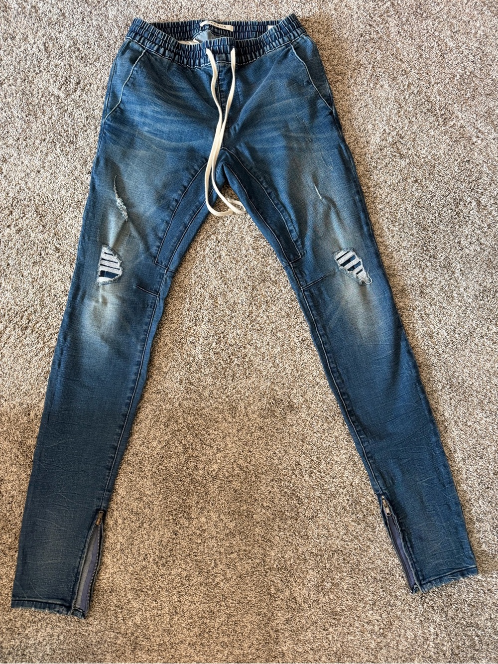 PacSun Men's Distressed Blue Skinny Jeans with Drawstring Waist